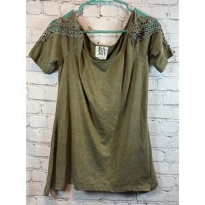 RSMR Women's Olive Green‎ Cold Shoulder Crochet Sleeve Knit Top XL